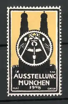 Reklamemarke München, Ausstellung 108, Frauenkirche und Messelogo, gelb