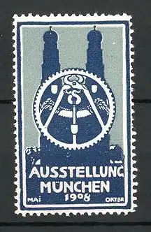 Reklamemarke München, Ausstellung 1908, Frauenkirche und Messelogo, grün