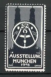 Reklamemarke München, Ausstellung 1908, Frauenkirche und Messelogo, grau