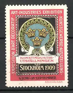 Reklamemarke Stockholm, Kunstgewerbe-Ausstellung 1909, Kronen und Ehrenkranz