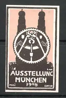 Reklamemarke München, Ausstellung 1908, Frauenkirche und Messelogo, rosa