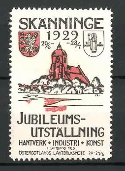 Reklamemarke Skänninge, Jubileums-Utställining 1929, Kirche und Wappen