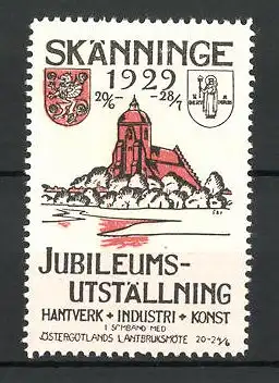 Reklamemarke Skänninge, Jubileums-Utställining 1929, Kirche und Wappen