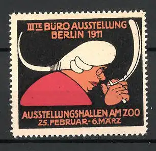 Reklamemarke Berlin, III. Büro-Ausstellung 1911, Mann schnitzt an Feder