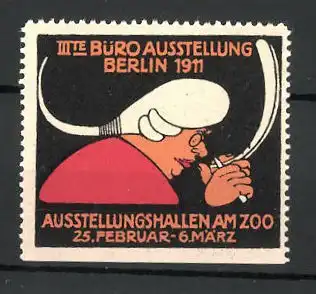 Reklamemarke Berlin, III. Büro-Ausstellung 1911, Mann schnitzt an Feder