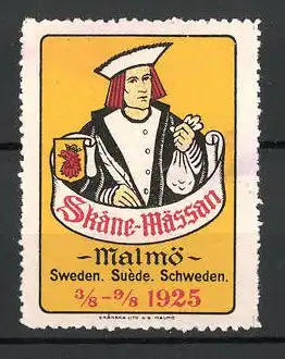 Reklamemarke Malmö, Skane Mässan 1925, Kaufmann mit Geldbeutel und Wappen