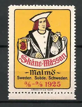 Reklamemarke Malmö, Skane Mässan 1925, Kaufmann mit Geldbeutel und Wappen