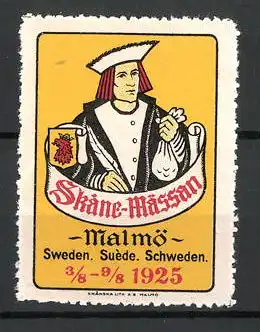 Reklamemarke Malmö, Skane Mässan 1925, Kaufmann mit Gelbeutel und Wappen