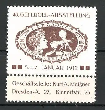 Reklamemarke Dresden, 48. Geflügel-Ausstellung 1912, Frau mit Geflügel