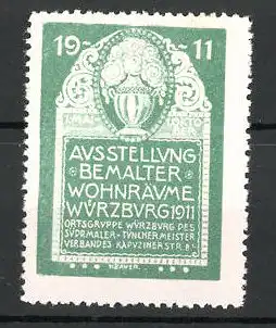 Reklamemarke Würzburg, Ausstellung bemalter Wohnräume 1911, Vase, grün