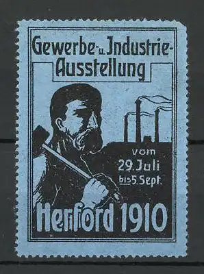 Reklamemarke Herford, Gewerbe-und Industrie-Ausstellung 1910, Arbeiter und Fabrik