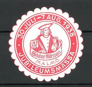 Präge-Reklamemarke Malmö, Skane-Mässan 1938, Kaufmann mit Geldbeutel und Wappen