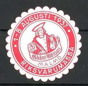 Präge-Reklamemarke Malmö, Skane Mässan 1937, Kaufmann mit Geldbeutel und Wappen