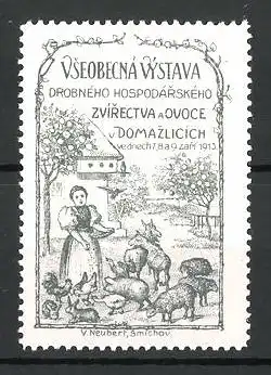 Reklamemarke Domazlicich, Vseobecna Vystava 1913, Bäuerin füttert Vieh