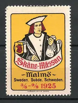 Reklamemarke Malmö, Skane-Mässan 1925, Kaufmann mit Geldbeutel und Wappen