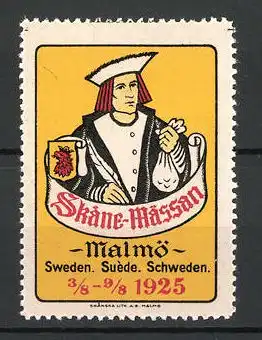 Reklamemarke Malmö, Skane Mässan 1925, Kaufmann mit Gelbeutel und Wappen