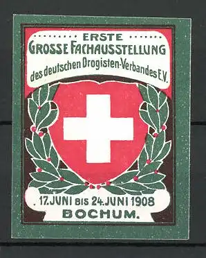 Reklamemarke Bochum, grosse Fach-Ausstellung des Drogisten-Verband 1908, Wappen