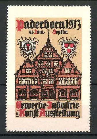 Reklamemarke Paderborn, Gewerbe-und Industrie-Ausstellung 1913, Messehaus und Wappen