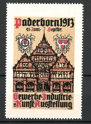 Reklamemarke Paderborn, Gewerbe-und Industrie-Ausstellung 1913, Messehaus und Wappen