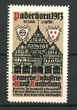 Reklamemarke Paderborn, Gewerbe-und Industrie-Ausstellung 1913, Messehaus mit Wappen