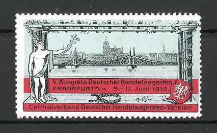 Reklamemarke Frankfurt, V. Kongress Deutscher Handelsagenten 1912, Hermes mit Wappen und Ortsansicht