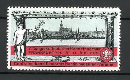 Reklamemarke Frankfurt, V. Kongress Deutscher Handelsagenten 1912, Hermes mit Wappen und Ortsmotiv