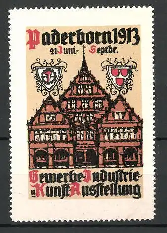 Reklamemarke Paderborn, Gewerbe-und Industrie-Ausstellung 1913, Messehaus mit Wappen