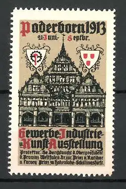 Reklamemarke Paderborn, Gewerbe-und Industrie-Ausstellung 1913, Ausstellungshaus und Wappen