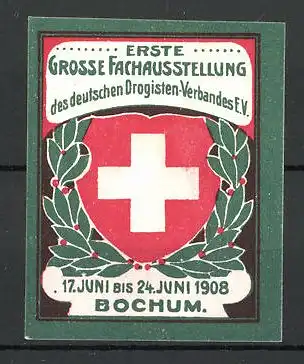 Reklamemarke Bochum, grosse Fachausstellung für den Drogisten-Verband 1908, Wappen