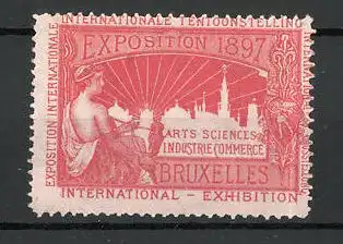 Reklamemarke Bruxelles, International Exhibition 1897, Frau mit Spindel und Ortsmotiv, rot