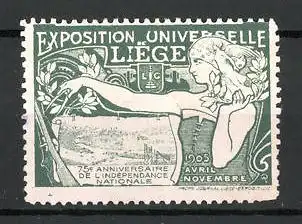 Reklamemarke Liége, Exposition Universelle 1905, Bäuerin mit Zirkel und Ortsmotiv, grün
