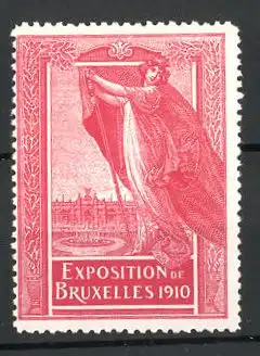 Reklamemarke Bruxelles, Exposition de Bruxelles 1910, Frau mit Flagge, Schloss, rot
