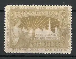 Reklamemarke Bruxelles, Exposition International 1897, Frau mit Spindel und Stadtmotiv, grün