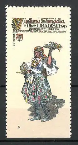 Reklamemarke Hradisti, Vystava Slovacka 1915, Bäuerin in Tracht mit Wappen