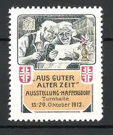 Reklamemarke Maffersdorf, Ausstellung "Aus guter alter Zeit" 1912, altes Ehepaar liest in Zeitung