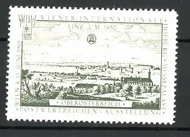 Reklamemarke Wien, internationale Postwertzeichen-Ausstellung, Messelogo und Linz um 1650