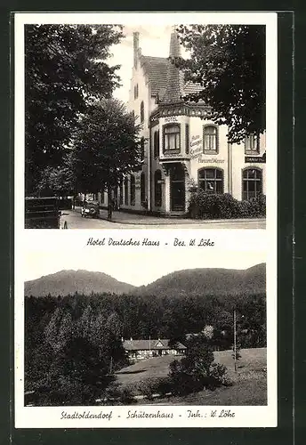 AK Stadtoldendorf, Hotel & Lichtspiele "Deutsches Haus", Gasthaus Schützenhaus aus der Vogelschau