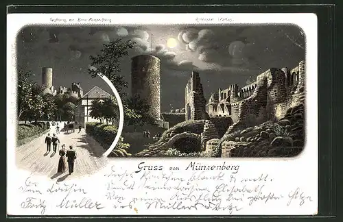 Mondschein-Lithographie Münzenberg, Gasthaus zur Burg Münzenberg, Rittersaal