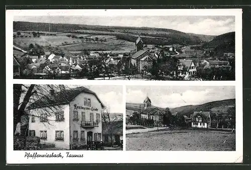 AK Pfaffenwiesbach / Taunus, Restaurant zur Linde, Teilansicht mit Kirche, Ortspanorama