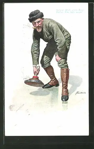 Künstler-Lithographie Fritz Quidenus: Sicherer Blick, glatte Bahn..., Curling