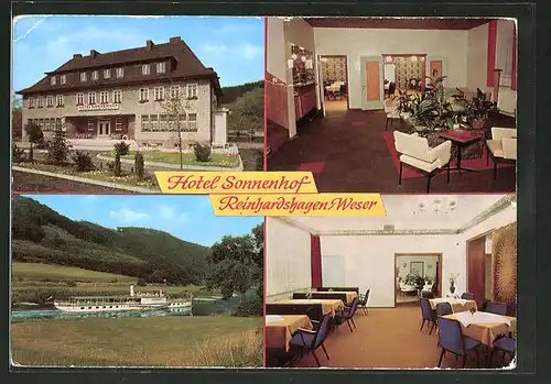 AK Reinhardshagen / Weser, Hotel Sonnenhof, Aussen- und Innenansicht