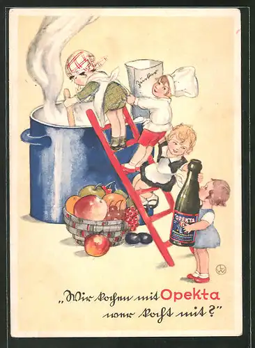 Künstler-AK Wir kochen mit Opekta - wer kocht mit?, Winter Aprikosen-Marmelade