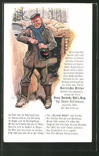 Künstler-AK Soldat mit Hertrichs Bitter, Hans Hertrich, Hof i. Bayern, Reklame