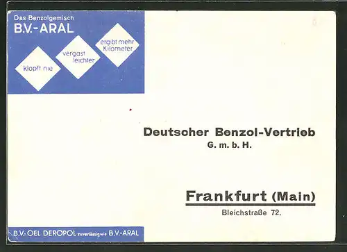 AK Reklame für Motoröl B.V. ARAL, Deutscher Benzol-Vertrieb GmbH, Frankfurt a. M., Bleichstrasse 72