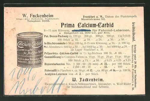 AK Reklame für Prima Calcium-Carbid für Fahrrad-Laternen, W. Fackenheim, Frankfurt a. M.