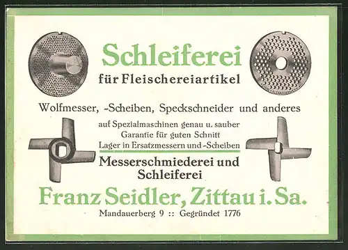 AK Zittau i. Sa., Messerschmiederei und Schleiferei Franz Seidler, Mandauerberg 9