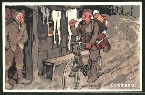 Künstler-AK Post-Ordonanz auf einem Fahrrad mit Bereifung von Continental