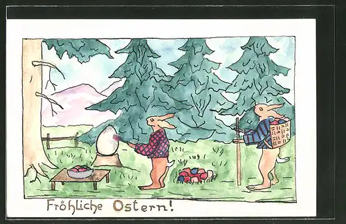 Künstler-AK Handgemalt: Fröhliche Ostern!, Osterhasen bei der Arbeit