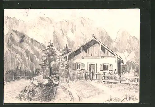 Künstler-AK Handgemalt: Haus in den Bergen