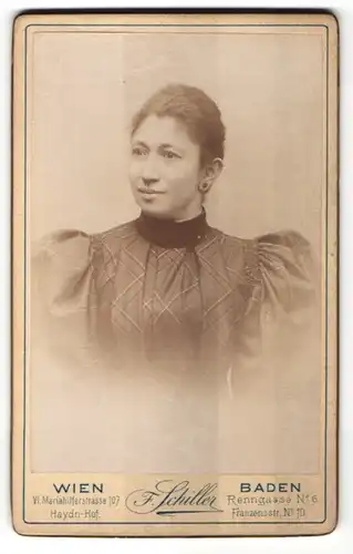 Fotografie F. Schiller, Wien, Baden, Portrait Dame mit zurückgebundenem Haar